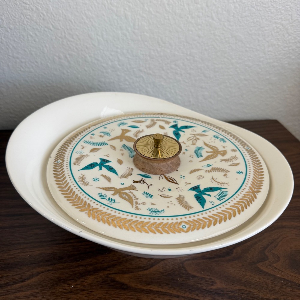 Georges Briard Birds Gold Teal Casserole Dish Mid Century Modern Ceramic Lid